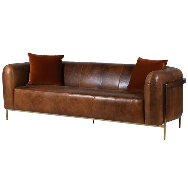 Boscobel Leather Brown Three Seater Sofa 240x77 cm rubber wood stainless steel decorative cushions