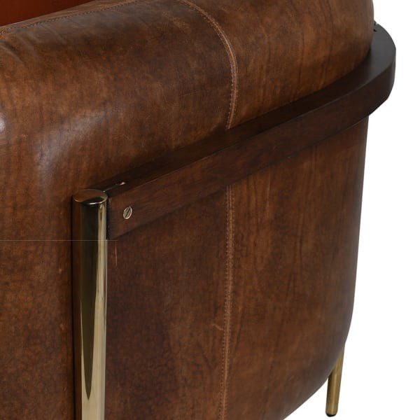 Boscobel Leather Brown Three Seater Sofa 240x77 cm rubber wood stainless steel decorative cushions