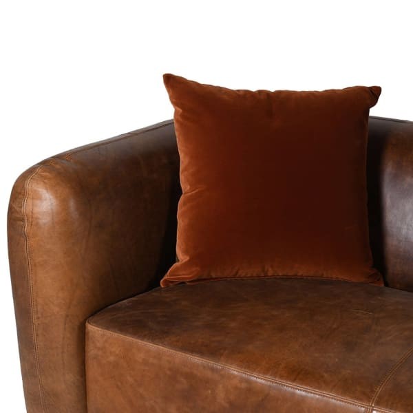 Cognac brown leather sofa with stainless-steel base