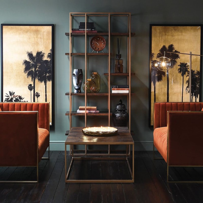 Orange velvet two-seater sofa with polished gold frame – premium design