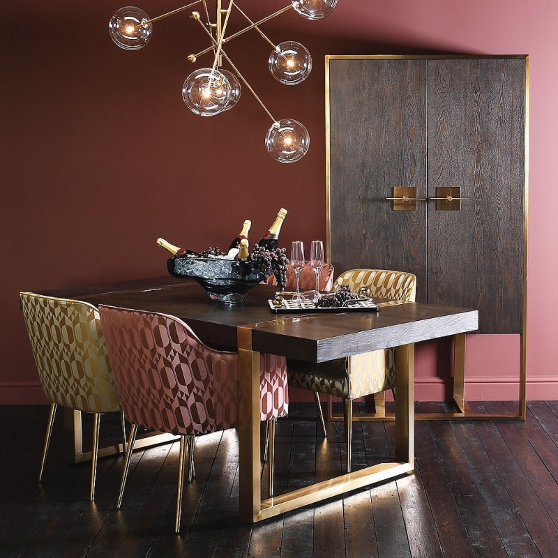 Brompton Luxury Dining Table, 198 x 96.5 cm, Dark Ash Veneer with Gold Steel Base