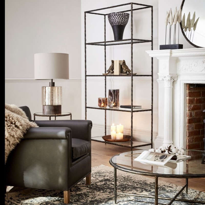 Shoreditch Dark Iron & Glass Bookcase – Hand-Forged Bronze Finish, 100x199 cm
