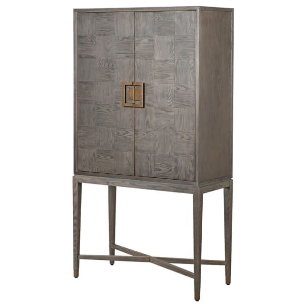 Camile Oak Bar Cabinet 182 cm – Grey Oak with Navy Interior & Glass Holders