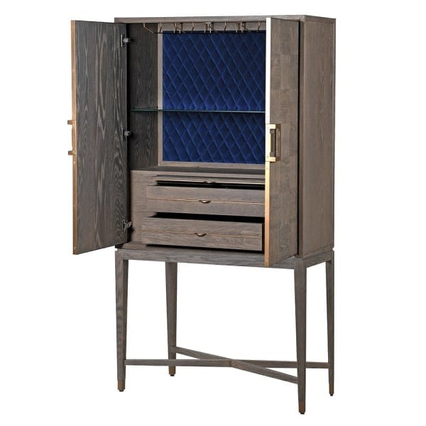 Camile Oak Bar Cabinet 182 cm – Grey Oak with Navy Interior & Glass Holders