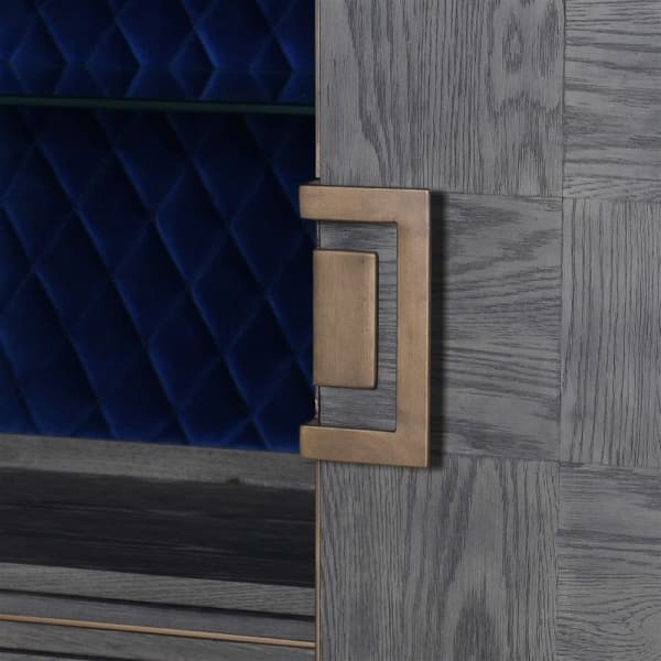 Camile Oak Bar Cabinet 182 cm – Grey Oak with Navy Interior & Glass Holders