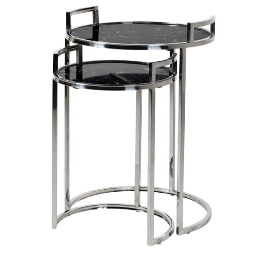 Kensington Silver Side Tables set of two 66 cm stone top marble effect silver stainless steel frame