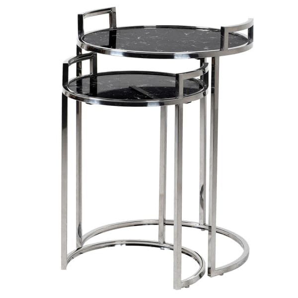 Kensington Silver Side Tables set of two 66 cm stone top marble effect silver stainless steel frame - marble cocktail tables