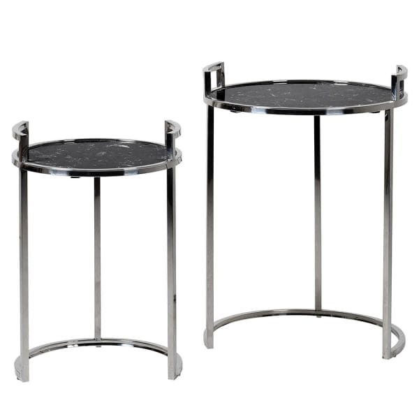 Kensington Silver Side Tables set of two 66 cm stone top marble effect silver stainless steel frame