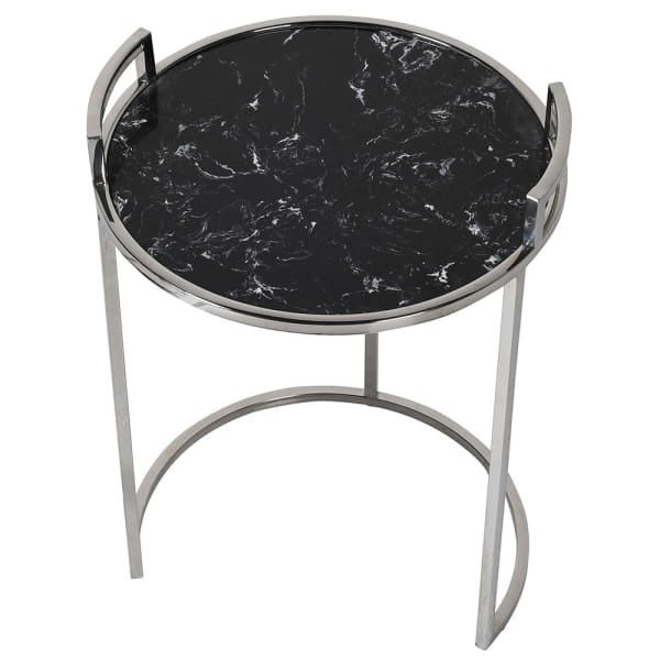 Kensington Silver Side Tables set of two 66 cm stone top marble effect silver stainless steel frame
