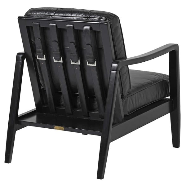 black leather armchair with dark rubberwood frame