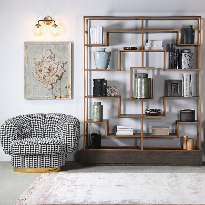 Camile Oak Grey Shelving Unit with Brass-Coloured Iron Frame – 201 cm