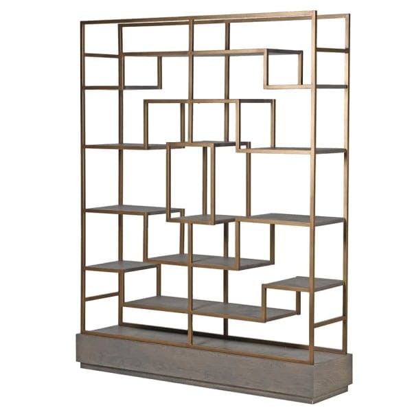 Camile Oak Grey Shelving Unit with Brass-Coloured Iron Frame – 201 cm