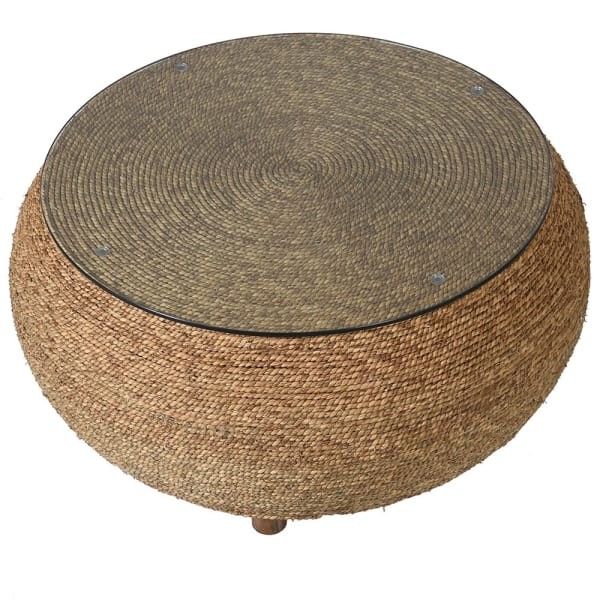Toba Natural Round Coffee Table 86x43 cm seagrass base tempered glass top
