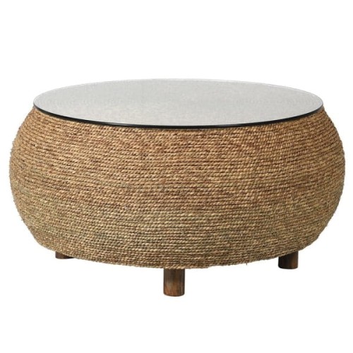 Toba Natural Round Coffee Table 86x43 cm seagrass base tempered glass top