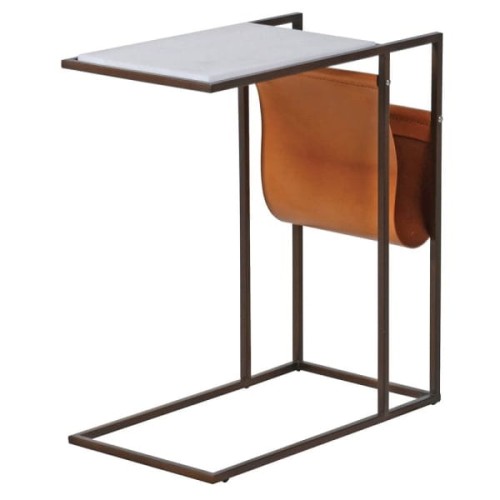 Magazines Side Table 56 cm – White Marble Top, Brown Leather Magazine Holder & Iron Frame