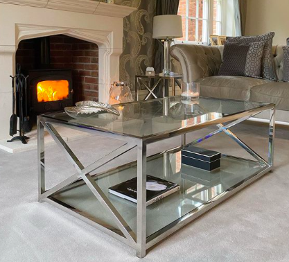 Linton Clear Rectangular Coffee Table 70x130cm glass top stainless steel x-frame