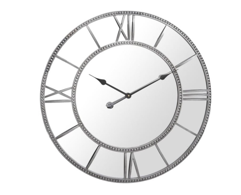 Linton Silver Mirrored Round Wall Clock 70 cm metal frame