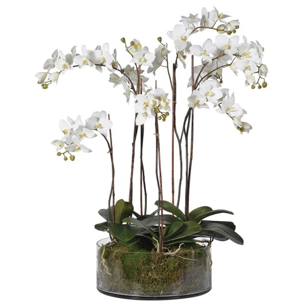Elegant Artificial White Orchid Arrangement in White Glass Vase, H84 cm