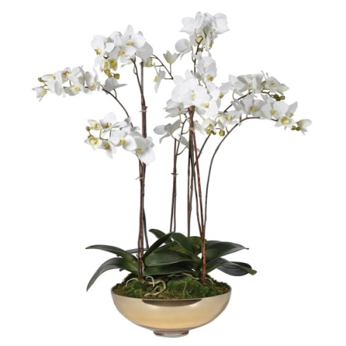 White Gold Faux Orchid 78 cm in a Gold Metal Pot