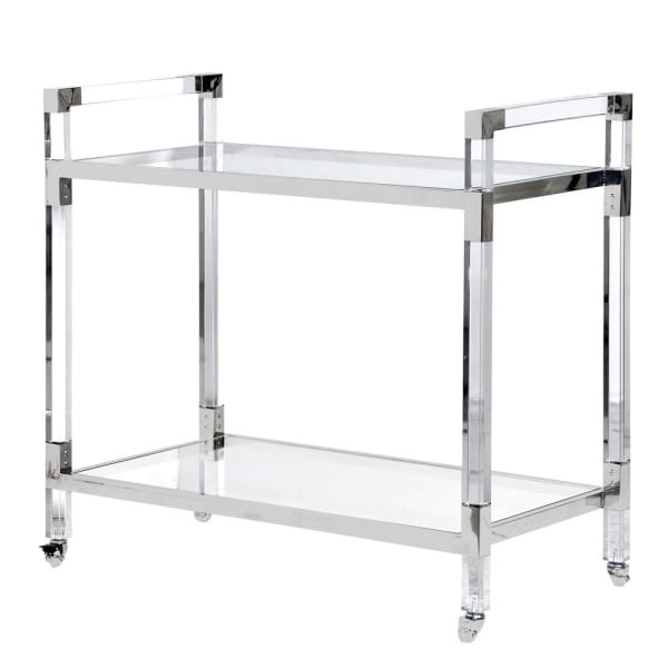 Linton silver drinks trolley with glass shelves and acrylic detail