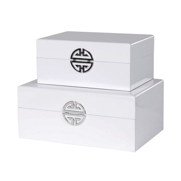 white decorative storage boxes with black interior
