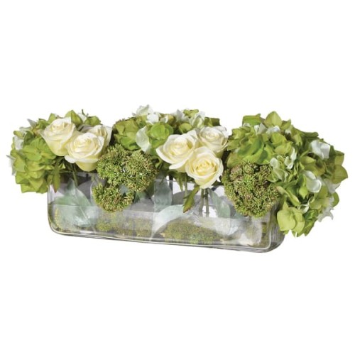 Boscobel Artificial Floral Arrangement in Glass, H55 cm – Hydrangea, Rose, Sedum & Lime Greenery