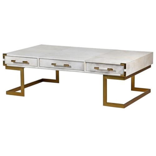 Royal Coffee Table 140x80 cm white leather steel gold base three drawers