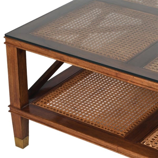 Shire Square Coffee Table in Indian Melia Wood – Brown, Glass Top, 100 × 100 cm