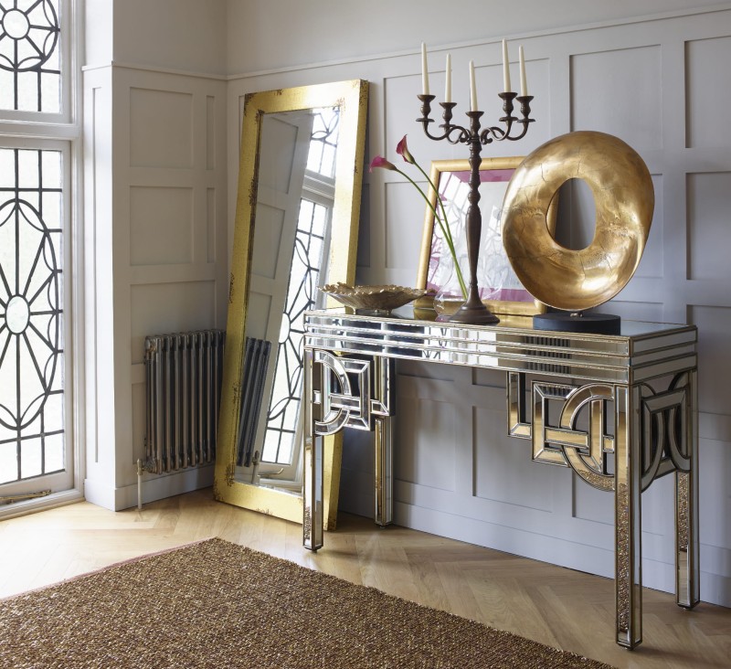 Caroline Mirrored Console Table in art deco style champagne gold mirrored effect