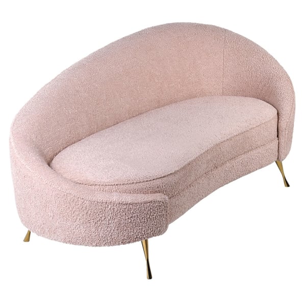 The luxurious light pink teddy sofa has a delicately curved shape
